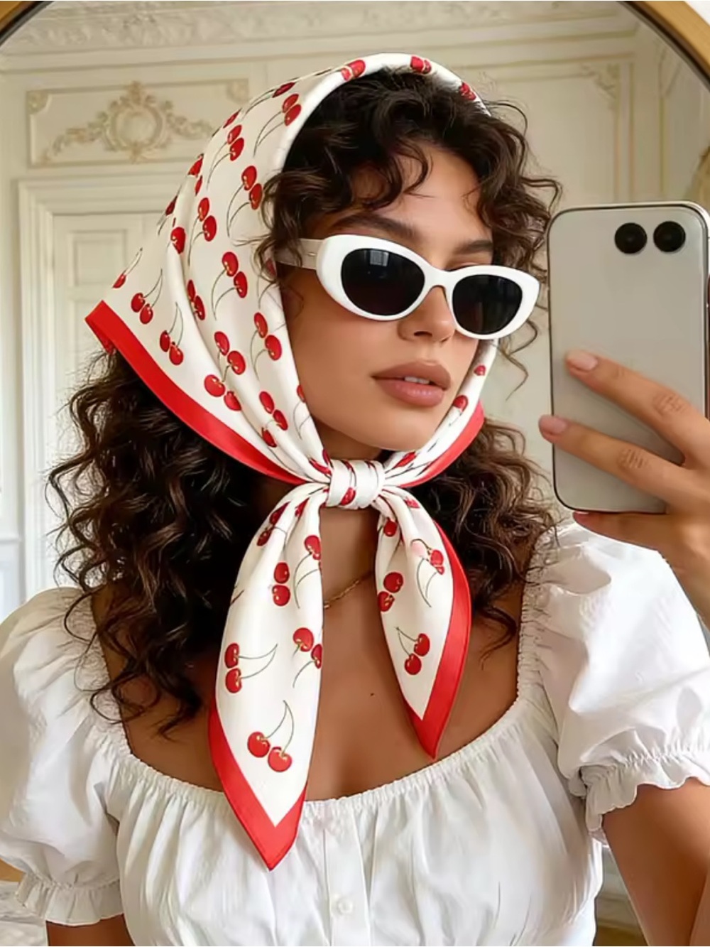 Kohl's Cream Cherry Print Headscarf with Red Trim